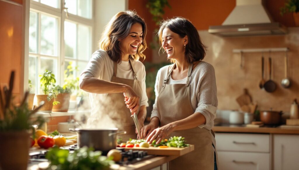 Woman in her early 50s with light brown skin cooking with a close friend in a warm kitchen — perimenopause anxiety