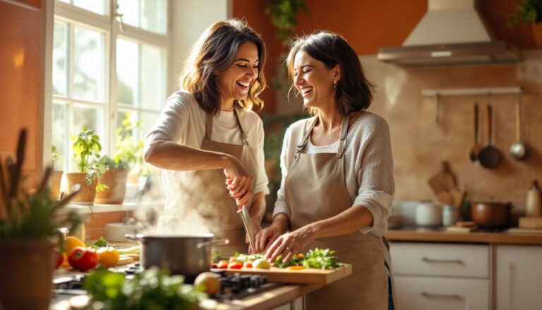 Woman in her early 50s with light brown skin cooking with a close friend in a warm kitchen — perimenopause anxiety