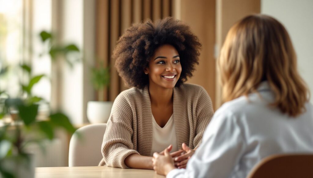 A 45-year-old woman with olive skin and natural afro hair talks confidently with a doctor in a bright clinic — perimenopause basics