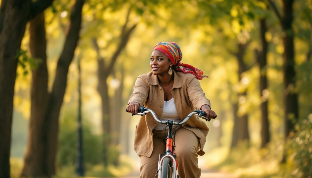 A curvy Black woman in her late 40s wearing a colourful headscarf cycling alone on a tree-lined path, looking calm and self-possessed — illustrating perimenopause belly fat and movement.
