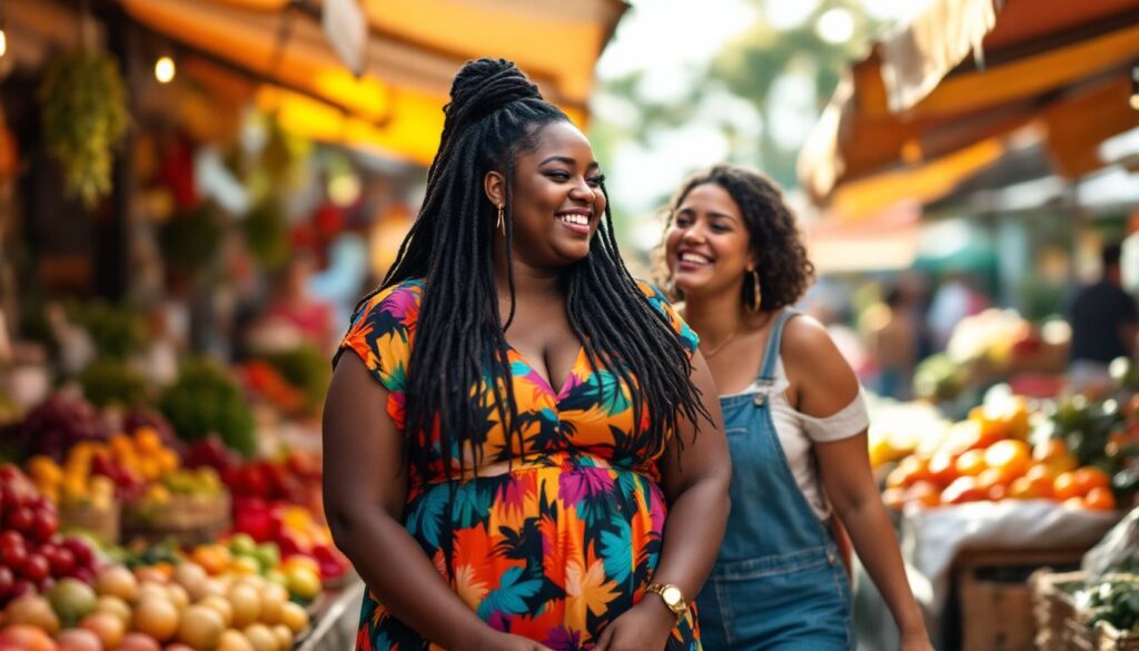 A woman with dark-brown skin and locs laughing with a close friend at a colourful outdoor market — illustrating life with perimenopause brain fog