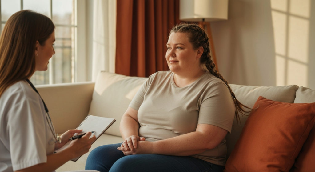 Plus-size woman with long braids sitting on a bright sofa talking with a female healthcare professional about perimenopause breast pain