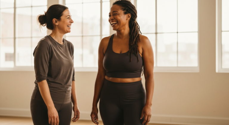 A woman in her mid-forties with dark skin and locs laughing with a friend in a bright pilates studio — perimenopause and career wellbeing