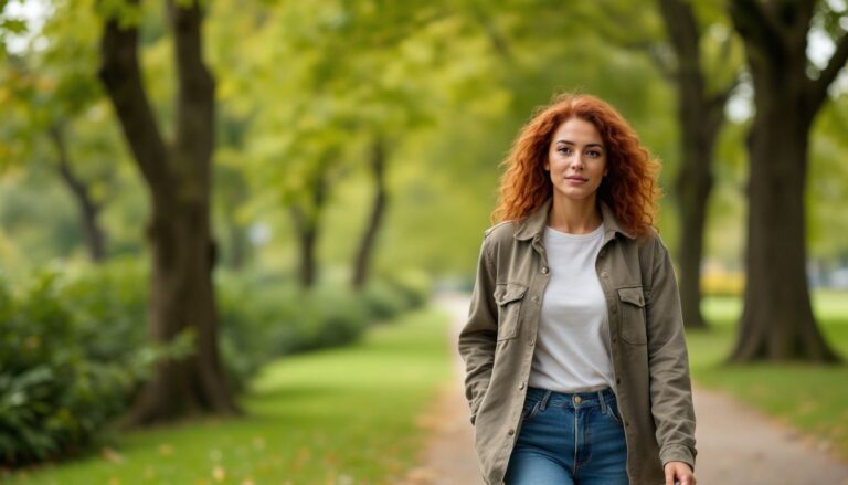 A reflective woman with deep brown skin and auburn hair walking alone in a green park, illustrating perimenopause depression and low mood.
