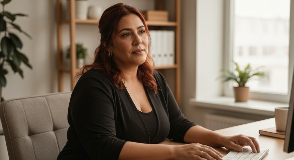 A woman with olive skin and auburn hair pausing thoughtfully at her office desk, illustrating perimenopause dizziness and its impact at work.