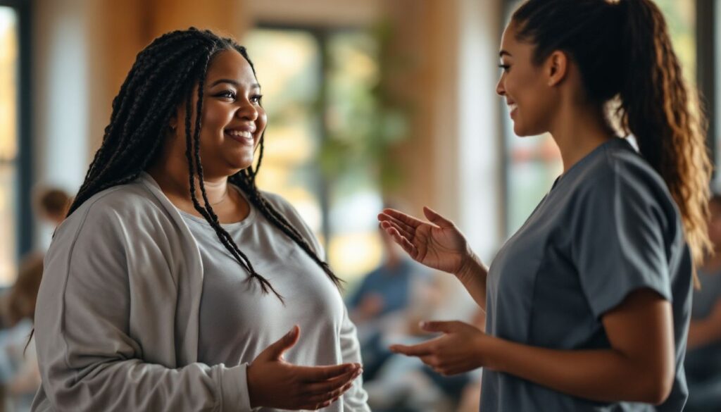 Plus-size woman with long braids talking with a healthcare professional at a community exercise class, illustrating early-onset perimenopause support