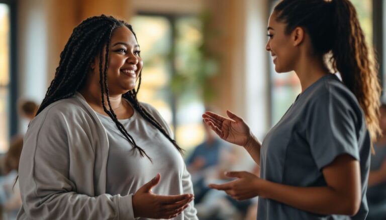 Plus-size woman with long braids talking with a healthcare professional at a community exercise class, illustrating early-onset perimenopause support