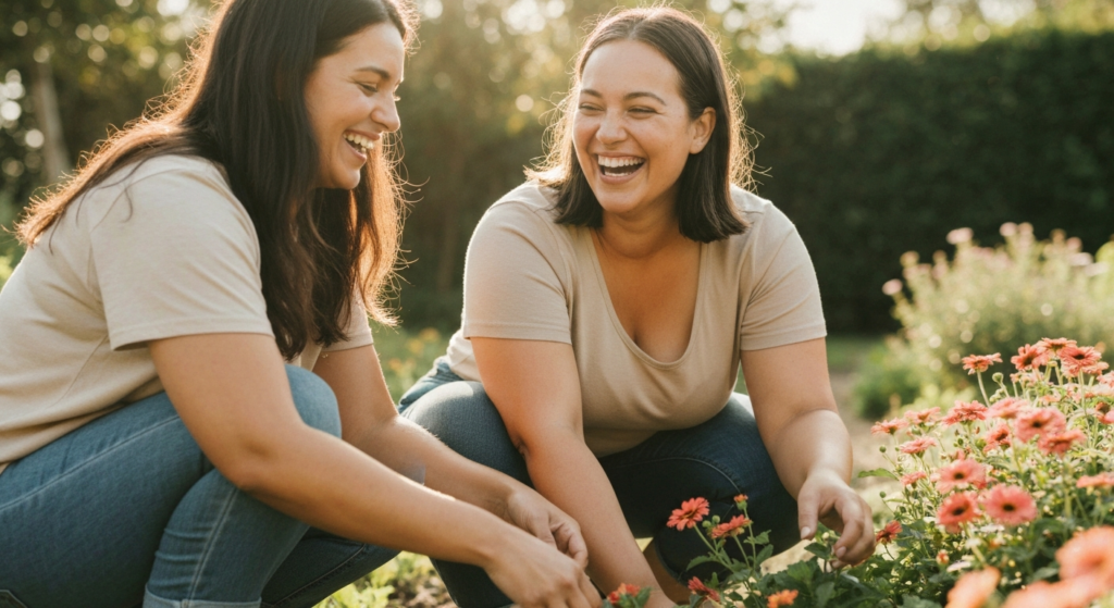 Woman with light brown skin and sleek bob laughing with a friend while gardening in the sun — perimenopause emotional lability