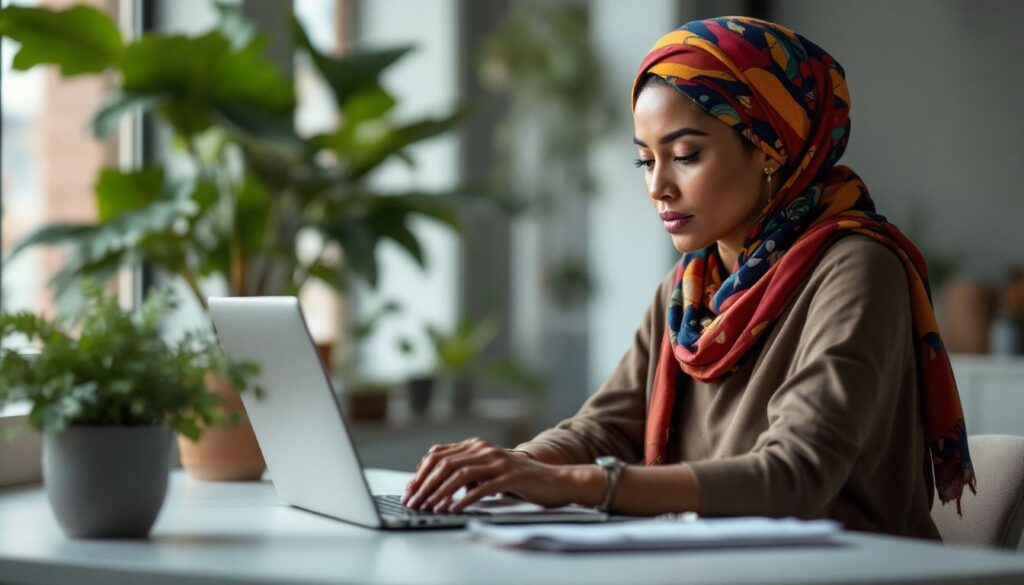 Woman with olive skin and colourful headscarf sitting at a modern office desk, reflecting on perimenopause estrogen fluctuations