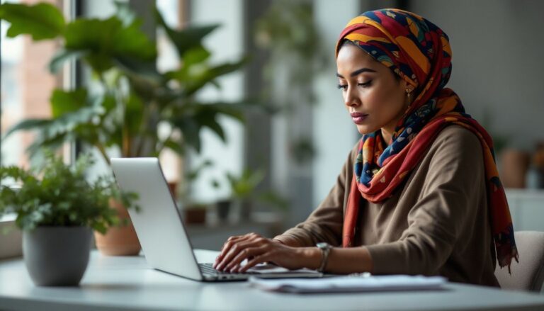 Woman with olive skin and colourful headscarf sitting at a modern office desk, reflecting on perimenopause estrogen fluctuations
