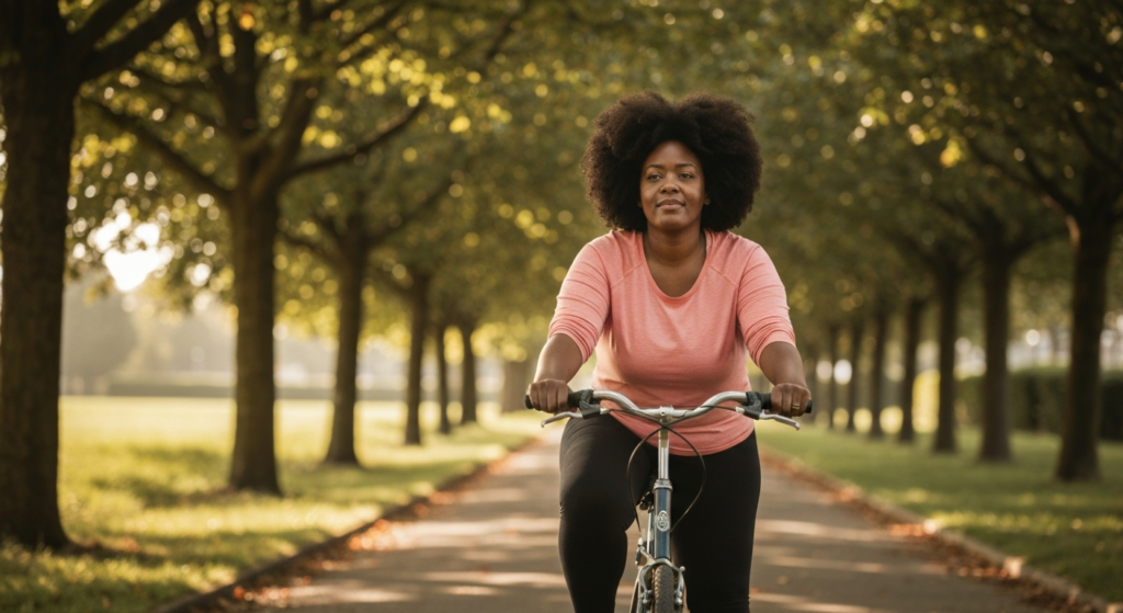 A plus-size Black woman with natural afro hair cycling on a tree-lined path, looking reflective — illustrating perimenopause fatigue and reclaiming energy.