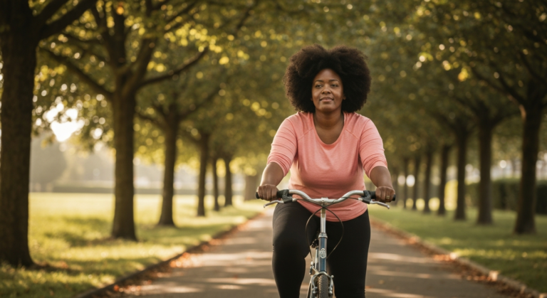 A plus-size Black woman with natural afro hair cycling on a tree-lined path, looking reflective — illustrating perimenopause fatigue and reclaiming energy.