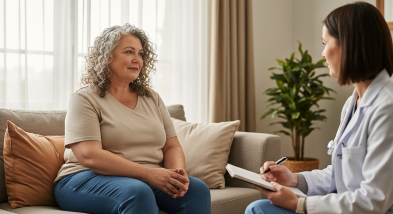 Plus-size woman with salt-and-pepper curls talking with a healthcare professional on a sofa, discussing perimenopause hair loss.