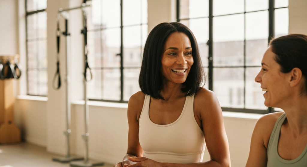A woman with dark-brown skin and dark hair in a bright yoga studio, laughing with a friend — illustrating perimenopause heart palpitations topic