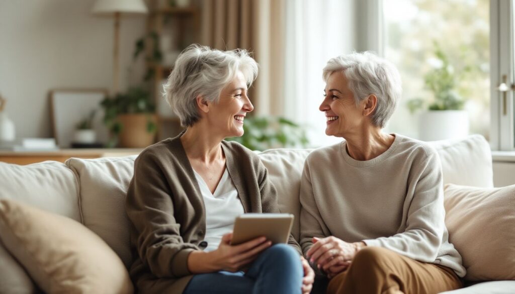 A fair-skinned woman with short silver-grey hair relaxes on a bright sofa, talking openly with a healthcare professional about perimenopause hormones.