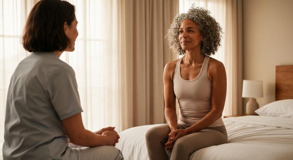 Woman with medium brown skin and salt-and-pepper curls speaking with a healthcare professional about perimenopause HRT in a calm bedroom setting.