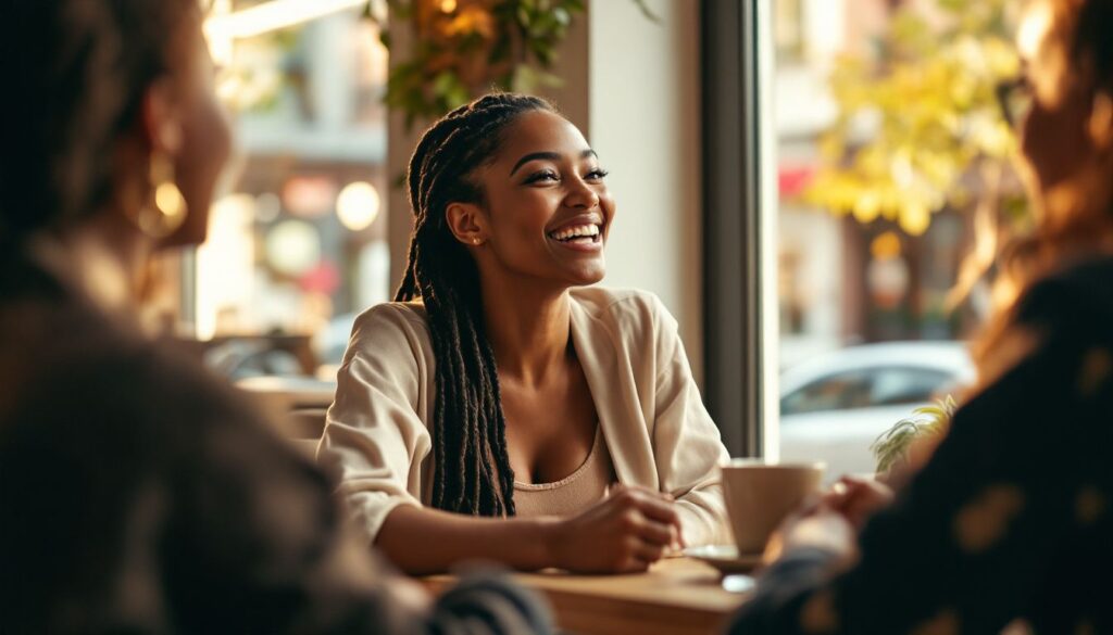 Woman with medium brown skin and long braids laughing with friends at a café — perimenopause insomnia and sleep health