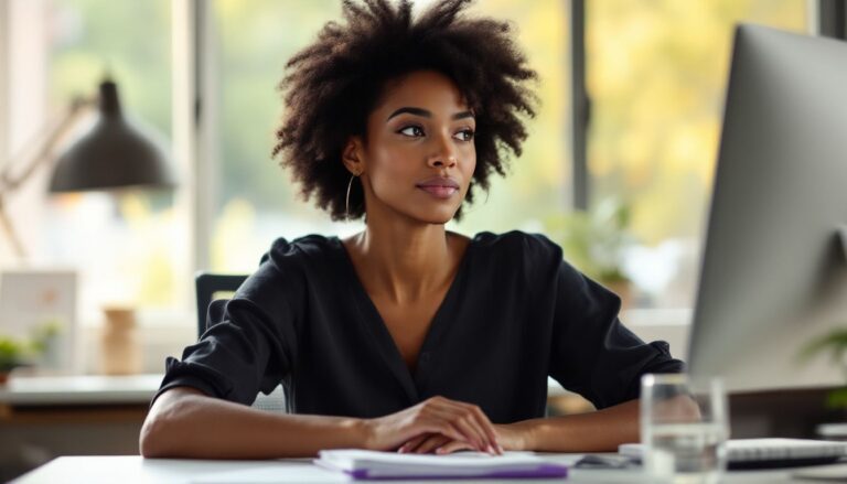 A reflective woman with olive skin and natural afro hair pauses at her office desk — perimenopause insulin resistance