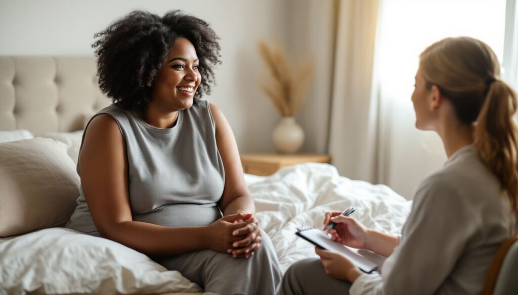 A woman with medium brown skin and salt-and-pepper curls talking with a healthcare professional in a calm, light-filled bedroom about perimenopause irregular periods.