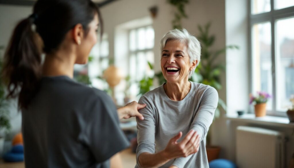Woman with short silver-grey hair in a community exercise class with a healthcare professional, illustrating perimenopause joint pain management
