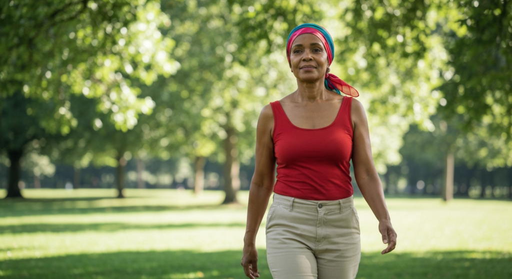 A woman in her early 50s with deep brown skin and a colourful headscarf walks reflectively through a green park — perimenopause low libido