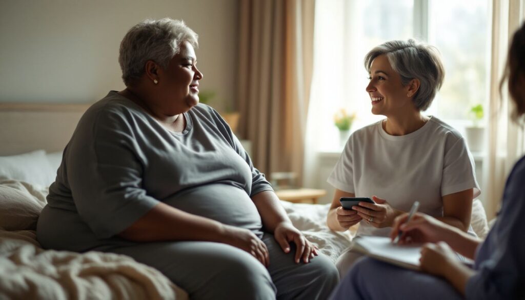 A plus-size woman with medium brown skin and short silver-grey hair speaks with a healthcare professional in a calm, light-filled bedroom about perimenopause metabolism changes.