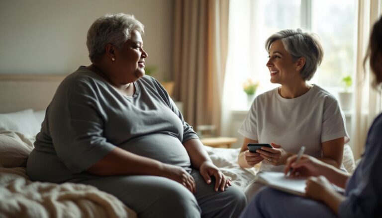 A plus-size woman with medium brown skin and short silver-grey hair speaks with a healthcare professional in a calm, light-filled bedroom about perimenopause metabolism changes.