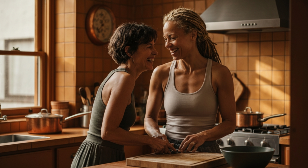 Woman with locs and light brown skin cooking with a close friend in a warm kitchen — perimenopause migraines article