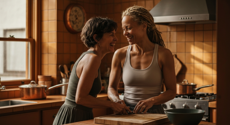 Woman with locs and light brown skin cooking with a close friend in a warm kitchen — perimenopause migraines article
