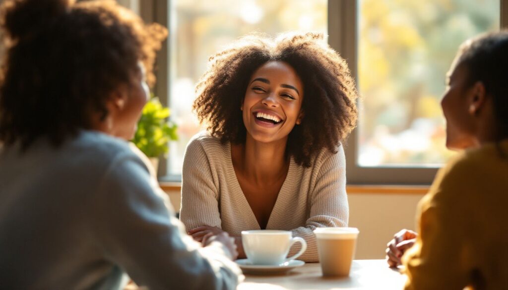 Woman with medium brown skin and salt-and-pepper curls laughing with friends at a café — perimenopause mood swings