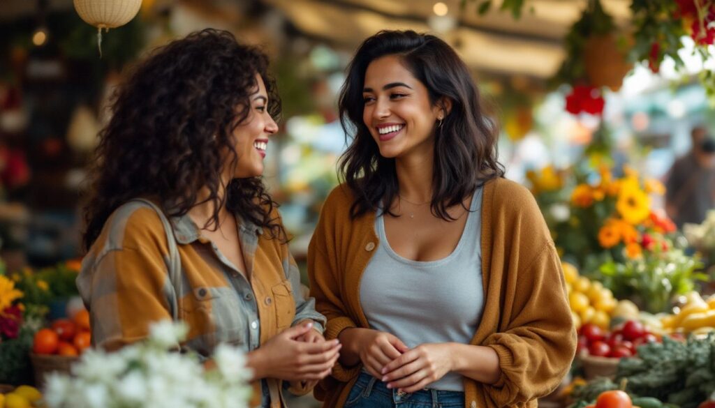Woman with dark-brown skin and shoulder-length hair laughing with a friend at a colourful outdoor market — perimenopause night sweats