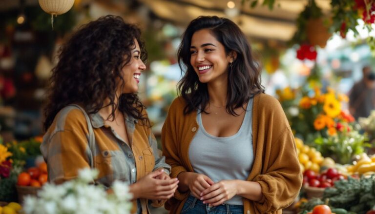 Woman with dark-brown skin and shoulder-length hair laughing with a friend at a colourful outdoor market — perimenopause night sweats