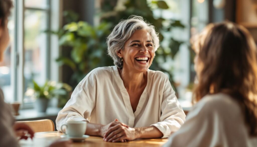 Woman with medium brown skin and short silver-grey hair laughing with friends at a café — perimenopause overview