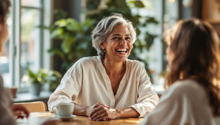 Woman with medium brown skin and short silver-grey hair laughing with friends at a café — perimenopause overview