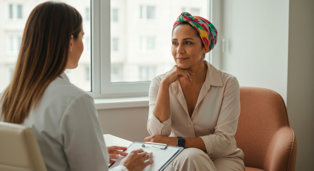 A woman with warm olive skin and a colourful headscarf in a calm clinic consultation, discussing perimenopause panic attacks with her doctor.
