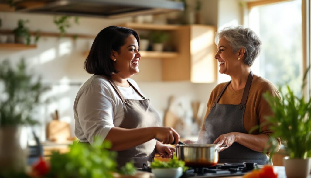 Woman in her 50s with light brown skin and a sleek bob cooking with a close friend in a warm kitchen — perimenopause progesterone