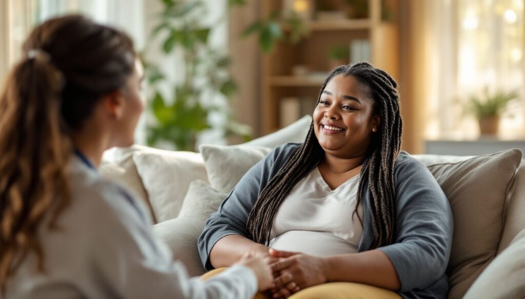 A woman with long braids in her early 50s sitting on a bright sofa talking with a healthcare professional about perimenopause rage.