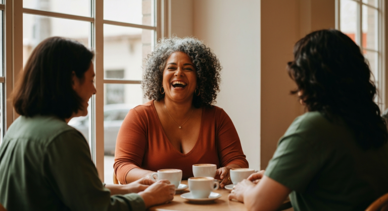 A plus-size woman with medium brown skin and salt-and-pepper curls laughing with friends at a café, illustrating perimenopause rage and connection