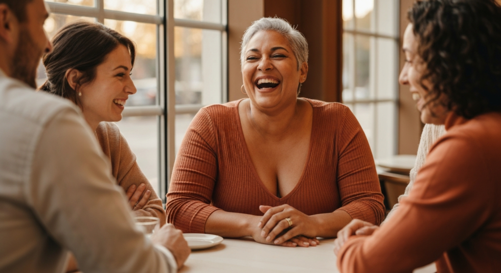 A curvy woman with medium brown skin and short silver-grey hair laughing with friends at a café, illustrating connection during perimenopause