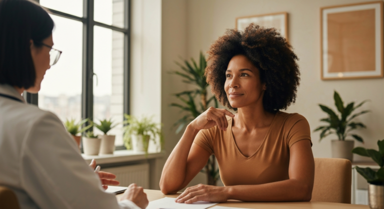 Woman with olive skin and natural afro hair talking with a doctor in a bright clinic about perimenopause sexual function changes
