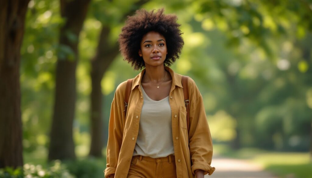 A Black woman with natural afro hair walks reflectively in a green park, illustrating perimenopause sleep problems and wellbeing.