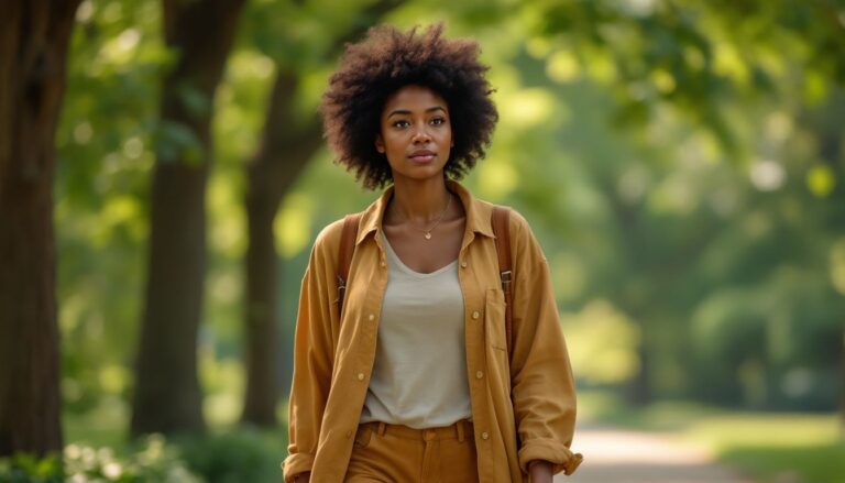 A Black woman with natural afro hair walks reflectively in a green park, illustrating perimenopause sleep problems and wellbeing.