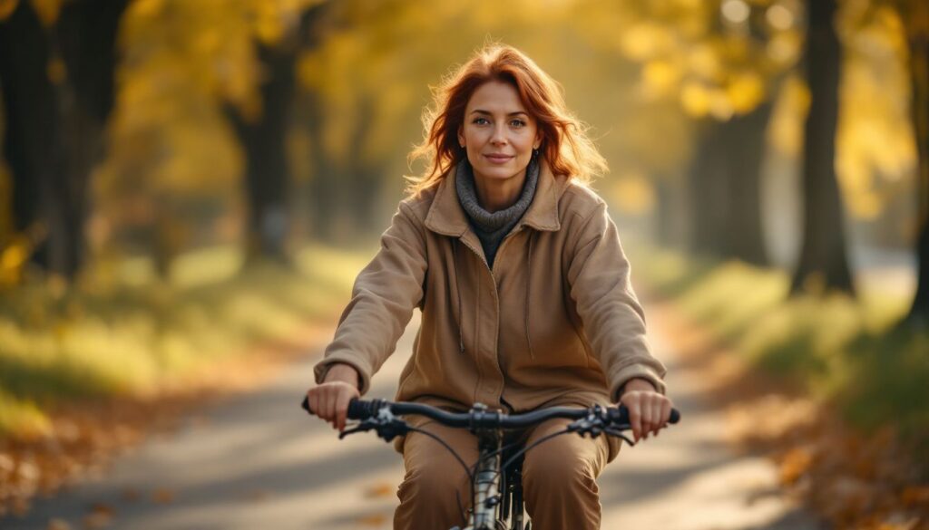 Woman with deep brown skin and auburn hair cycling alone on a tree-lined path, calm and reflective — perimenopause symptoms