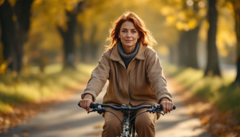 Woman with deep brown skin and auburn hair cycling alone on a tree-lined path, calm and reflective — perimenopause symptoms