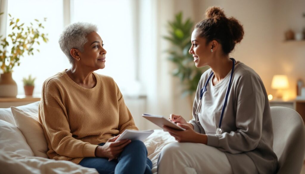 Woman with medium brown skin and short silver-grey hair talking with a healthcare professional in a calm, light-filled bedroom about perimenopause testing