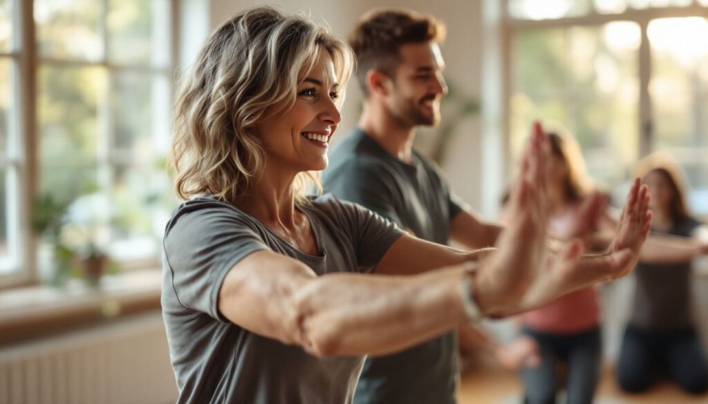 Woman with salt-and-pepper curls in a community exercise class during perimenopause, engaging with a healthcare professional