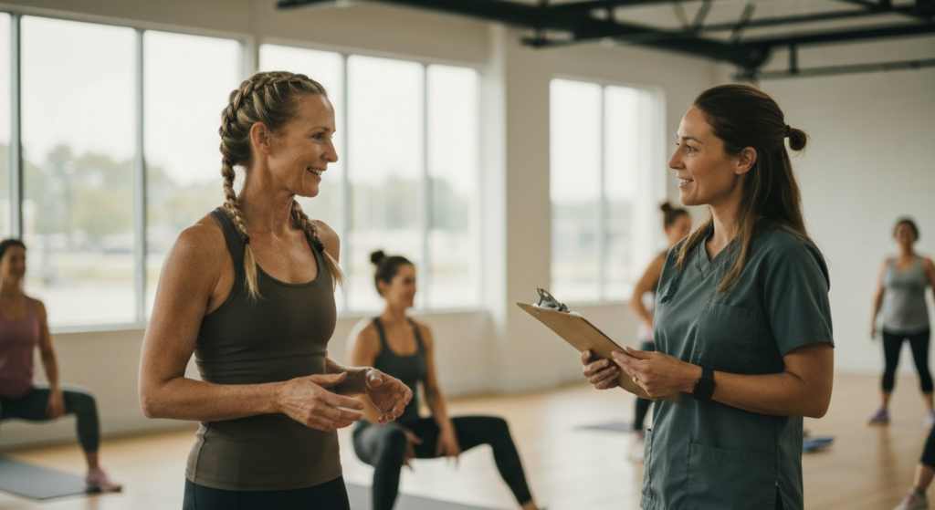 A woman in her mid-forties with long braids talks warmly with a healthcare professional at a community exercise class — perimenopause at work and wellbeing.