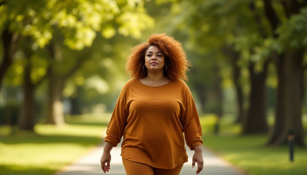A plus-size woman with deep brown skin and auburn hair walking reflectively through a green park — recurrent UTIs and menopause