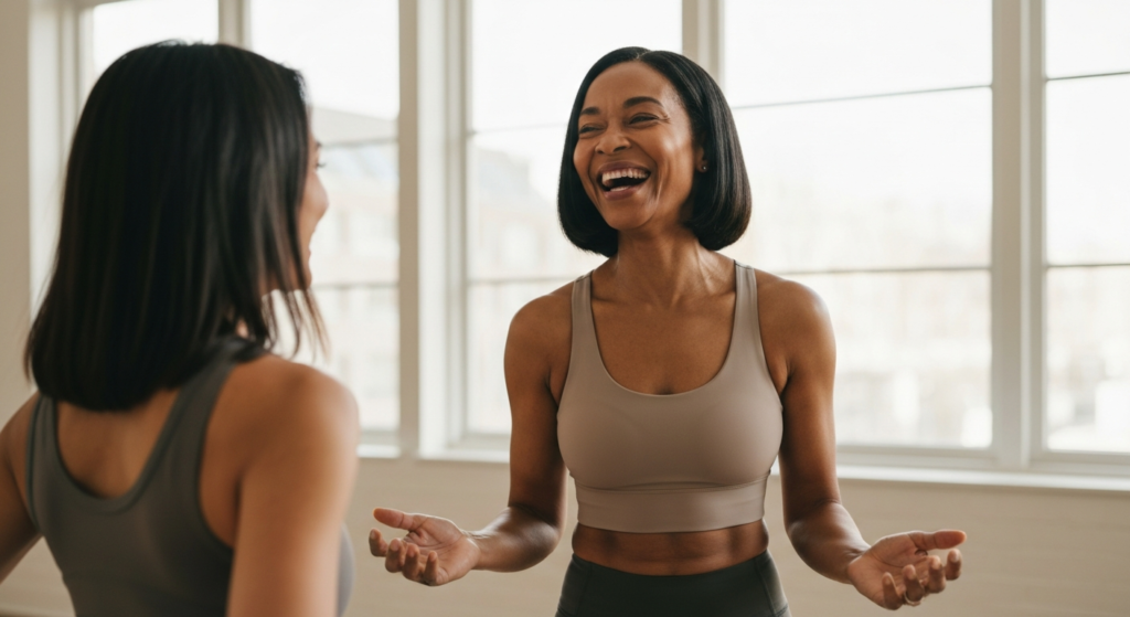 A woman with dark-brown skin and a sleek bob laughing with a friend in a bright yoga studio — menopause belly fat and exercise