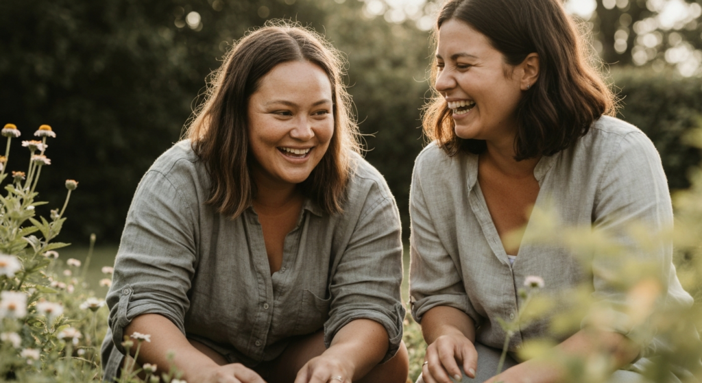 Plus-size woman with light brown skin and dark hair gardening in the sun with a close friend, both smiling — perimenopause and relationships